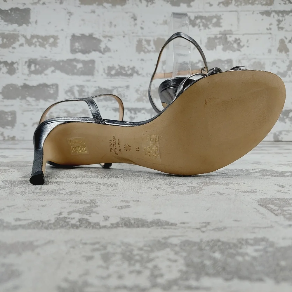 New Staurt Weitzman Starla Silver Leather Strappy Sandals